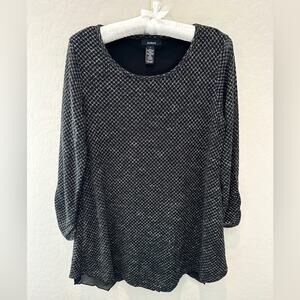 ALFANI | Black Print Waffle Textured Handkerchief Hem 3/4 Sleeve Top | Small
